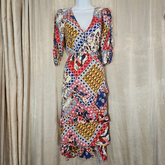 Anthropologie Lapis blue pink red yellow multi print blouson dress Women Medium - Picture 4 of 7